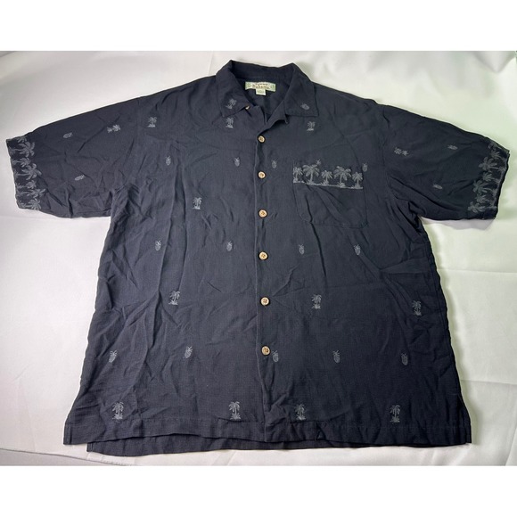 Tommy Bahama Silk Button Up Shirt Palm Tree Pineapple Print Black Mens Medium - Picture 2 of 6